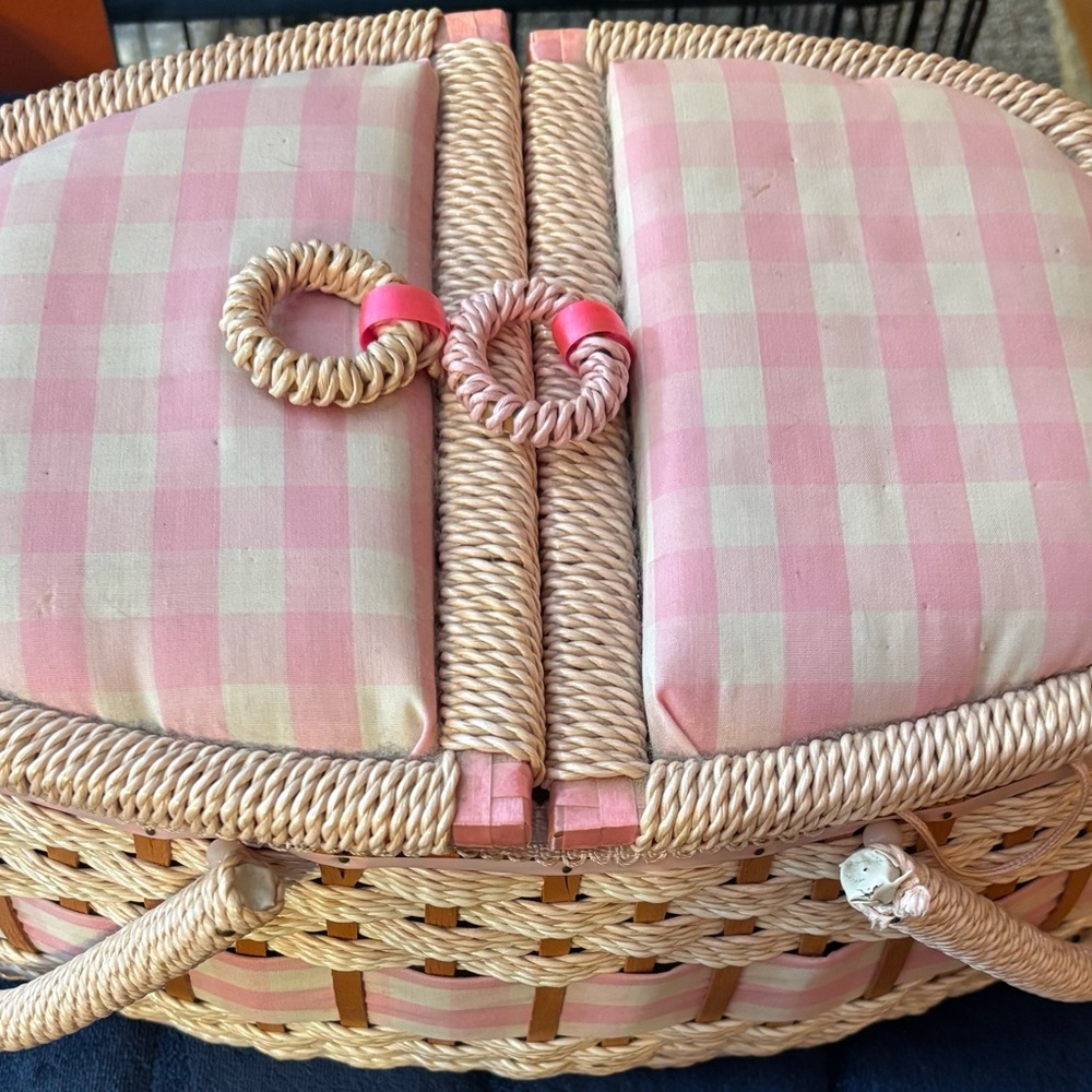 Vintage Oval Woven Weave Wicker Sewing Basket